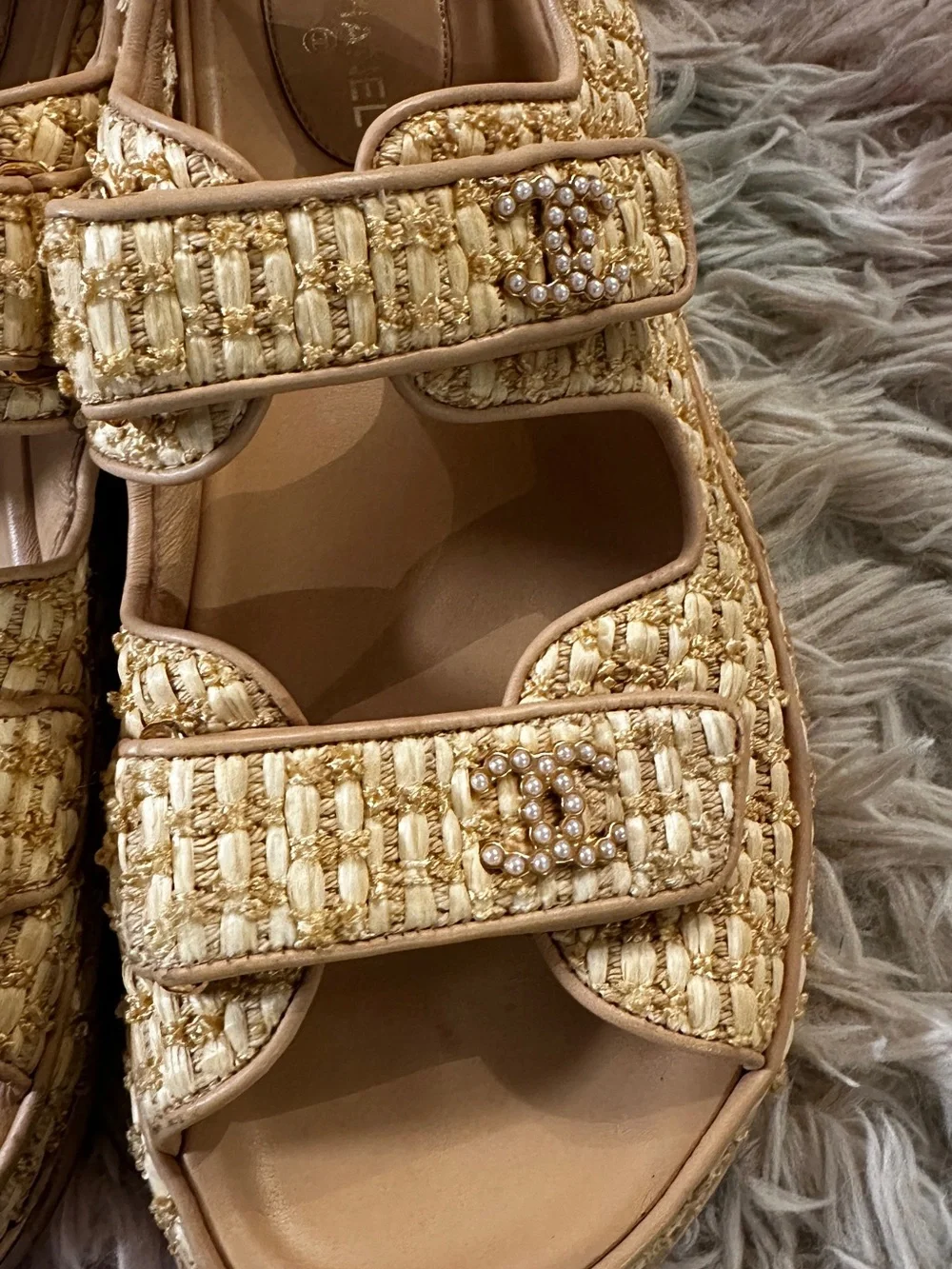 Chanel Authentic Raffia Pearl Velcro Dad Sandals Size 41